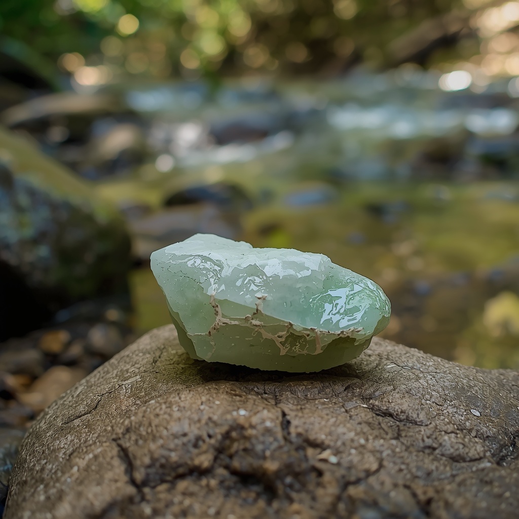 jade stone meaning — raw green jade stones on river rocks