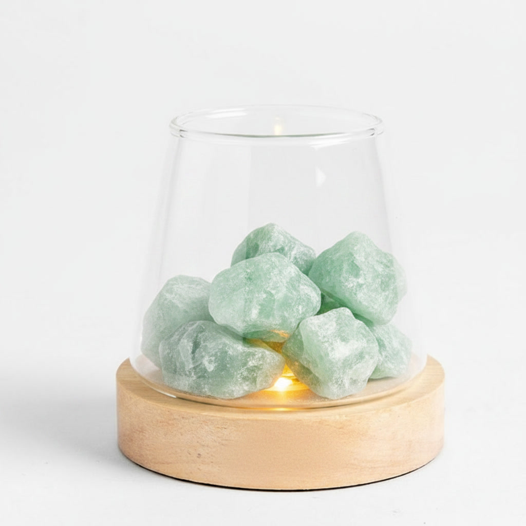 Still. jade stone glass lamp with warm LED glow on wooden base, natural pale green jade stones, minimal zen home decor