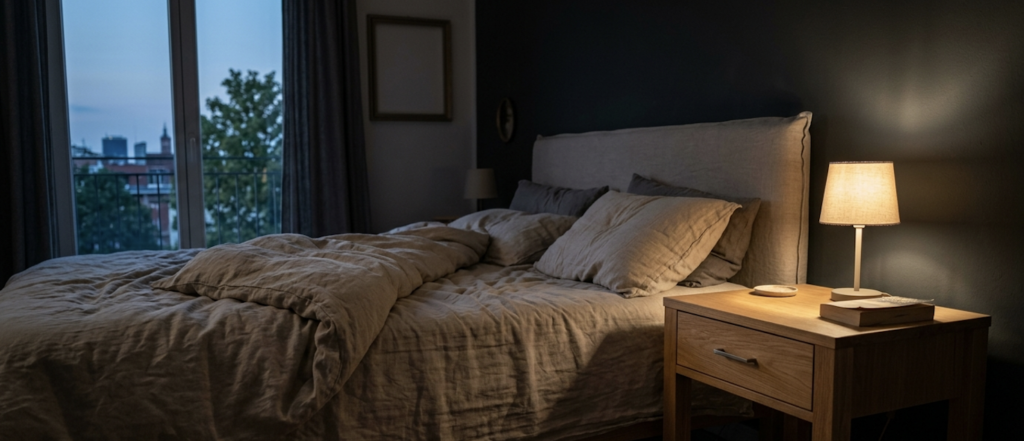 an empty wooden bedside table in a dim bedroom at dusk