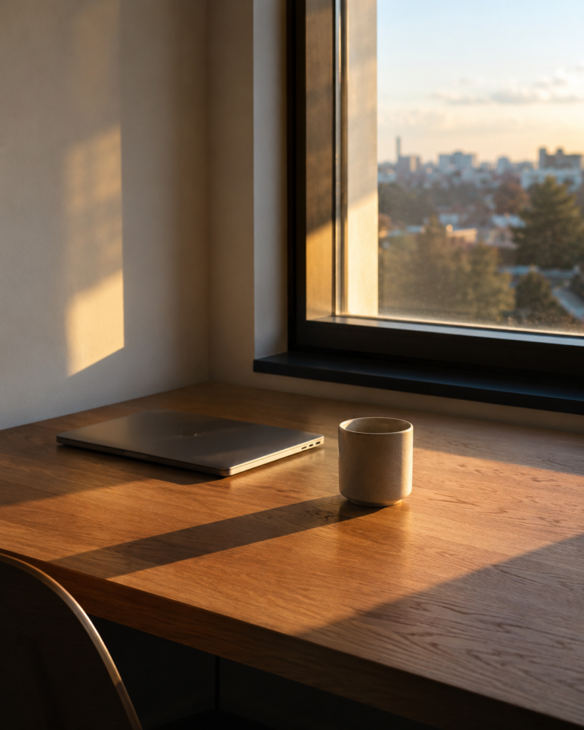 a cleared wooden desk with a closed laptop at the end of the workday