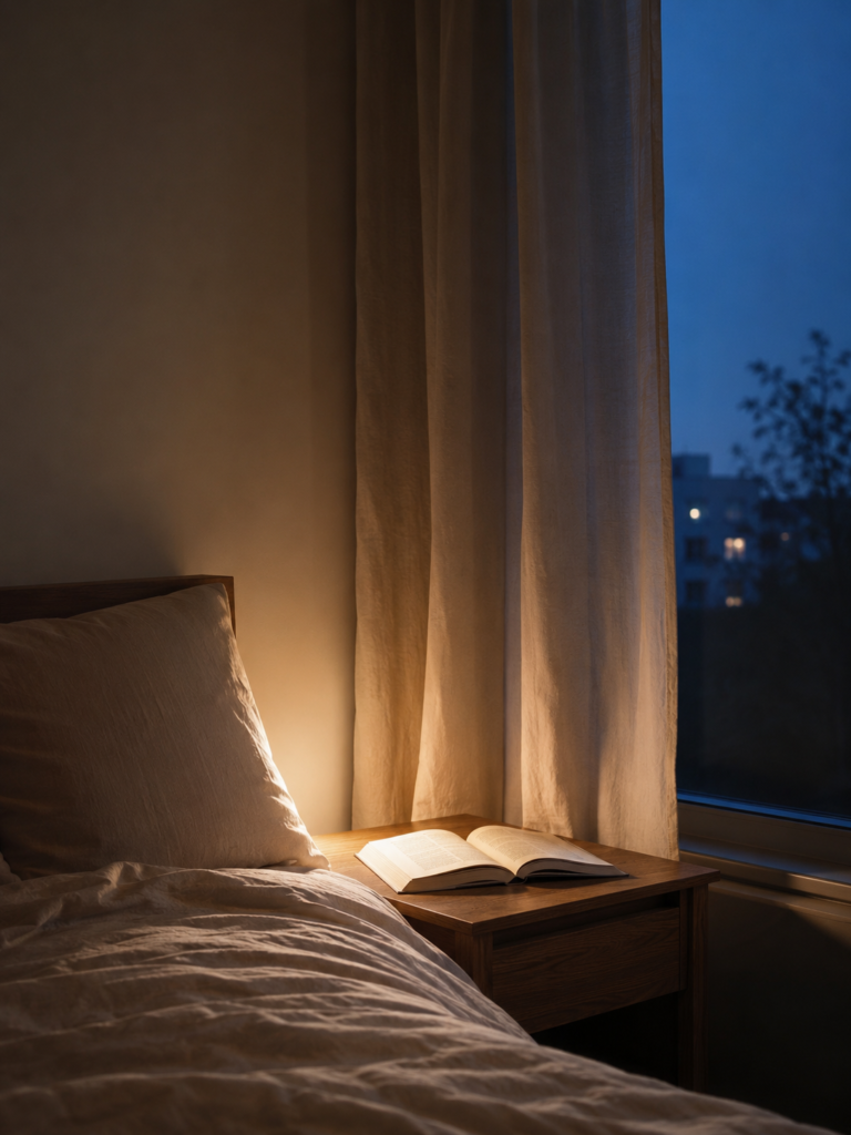 a wooden nightstand with an open book beside a linen bed in the evening
